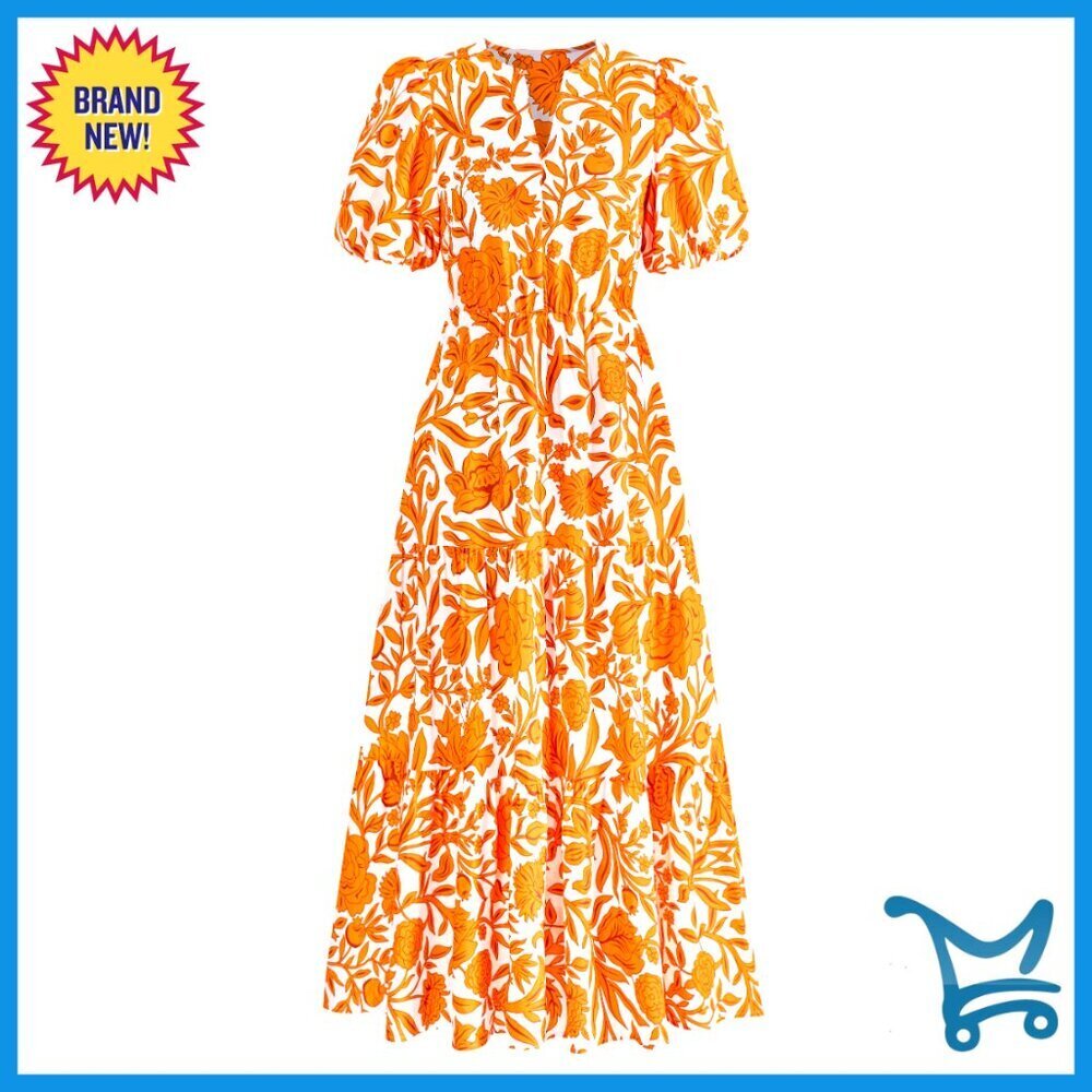 Boho Maxi Dress Puff Sleeve V Neck Tiered Ruffle Floral Casual Summer Dress